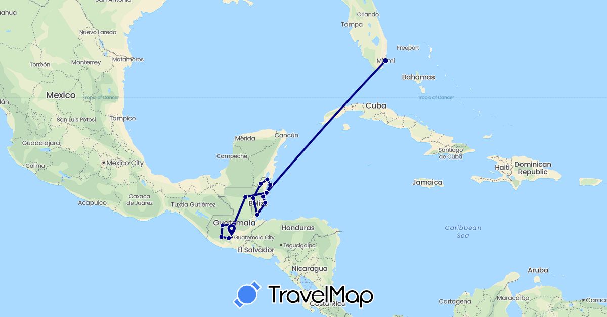 TravelMap itinerary: driving in Belize, Guatemala, United States (North America)